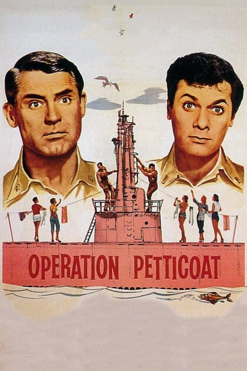 This vintage movie poster features two men in military uniforms against a backdrop of a steam-powered ship, evoking a sense of historical adventure. The red banner at the bottom reads "Operation Petticoat," suggesting a covert mission. The muted colors and serious expressions create a dramatic an...