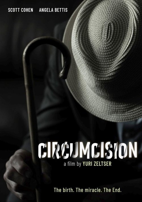The poster features a man in a dark suit holding a straw hat and an umbrella, with a mysterious, somber mood. The title "Circumcision" is prominently displayed in bold white letters, evoking themes of mystery and intrigue.