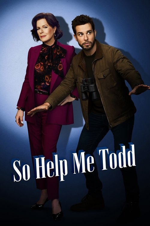 The poster features a man in a brown jacket and woman in a purple suit against a dark blue background. The mood is dramatic and mysterious, with the title "So Help Me Todd" prominently displayed at the bottom.