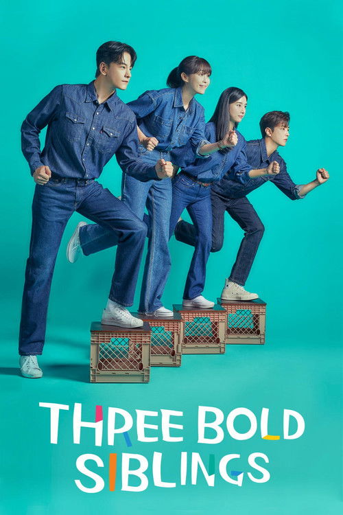 The poster features four young people in matching blue uniforms running across wooden crates against a vibrant teal background. Their dynamic poses convey energy and playfulness, with the title "Three Bold Siblings" prominently displayed at the bottom.