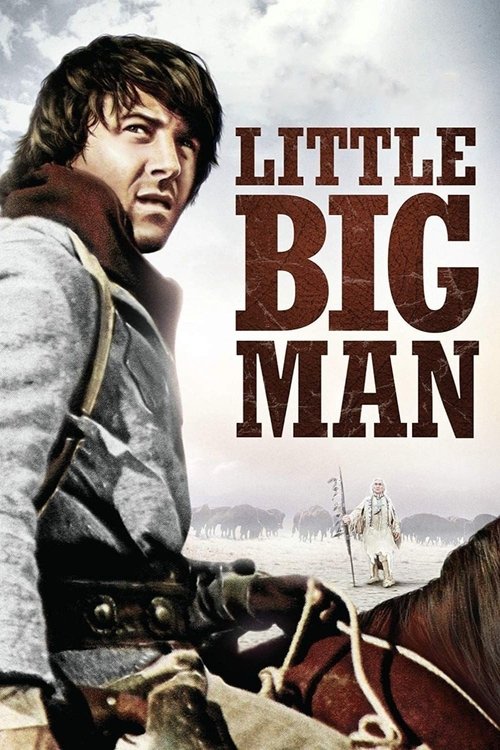 The poster features a rugged man with dark hair and a beard, wearing a leather vest over a gray shirt, looking intently forward. The title "Little Big Man" is prominently displayed in bold, brown letters against a cloudy sky. The overall mood is gritty and adventurous, evoking themes of survival ...