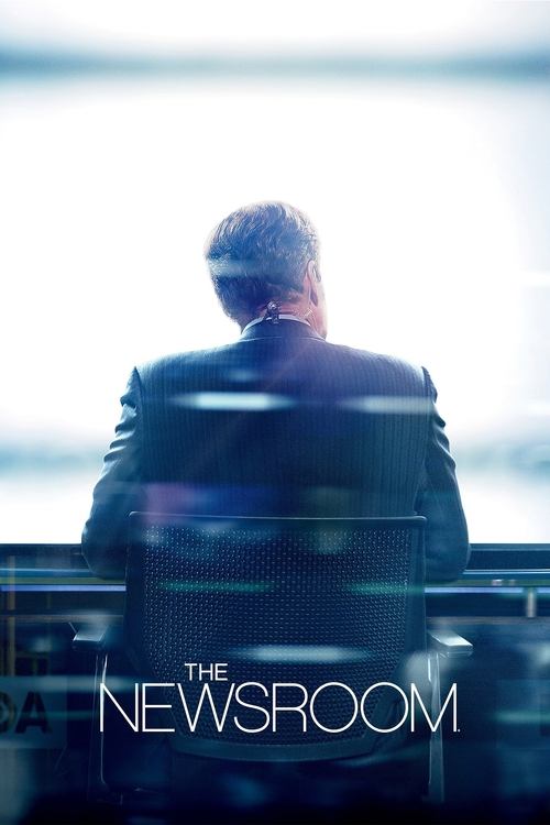 The poster features a man in a dark suit, viewed from behind, sitting at a desk with a blurred background. The muted blue tones and soft lighting create a somber and professional atmosphere, suggesting a serious newsroom setting.
