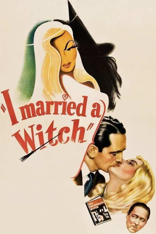 This vintage movie poster features a romantic couple kissing, with a witch's hat and veil looming above them. The title "I Married a Witch" is prominently displayed in bold red letters. The overall mood is whimsical and nostalgic, capturing the charm of mid-20th-century cinema.