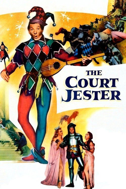 The Court Jester poster features a vibrant, colorful scene with a jester in a red and green outfit holding a guitar, surrounded by other characters in period costumes. The background is filled with dynamic action and dramatic lighting, creating an adventurous and lively mood.