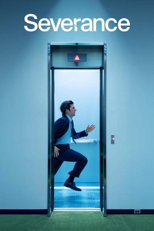 A man in a suit leaps through a modern elevator, his expression of surprise captured in motion. The cool blue tones and metallic frames evoke a sense of futuristic intrigue, while the stark white text "Severance" anchors the image in the show's distinctive branding.