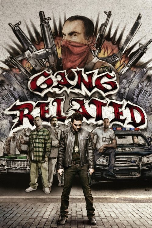 The poster features a gritty, urban scene with a central figure in a leather jacket and bandana, surrounded by armed men and guns. The title "GANG RELATED" is prominently displayed in bold, distressed red letters. The overall mood is intense and action-packed, reflecting the show's themes of crim...
