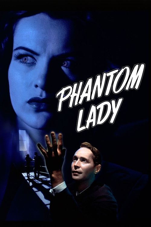 The poster features a hauntingly beautiful woman with pale skin and dark eyes, her gaze piercing and intense. Below her, a man in a dark suit raises his hand, his expression one of fear and desperation. The dark blue and black color scheme creates a spooky atmosphere, while the white text "PHANTO...