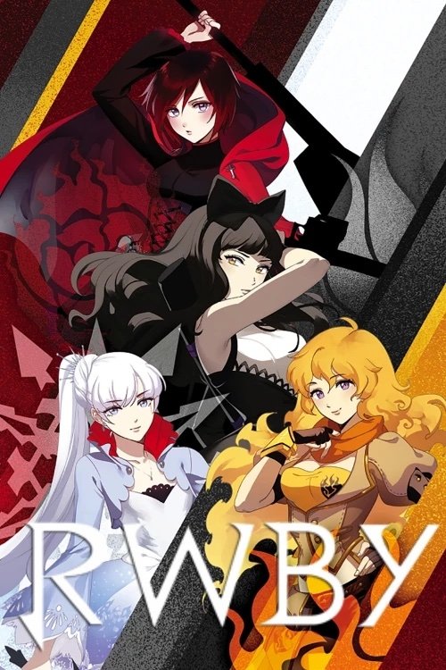 This RWBY poster features four animated characters in dramatic poses against a fiery, dramatic background. The vibrant reds and blacks create a high-contrast, intense atmosphere, emphasizing the show's action-packed and dramatic tone.