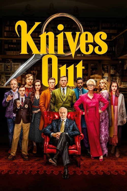 The poster features a group of elegantly dressed characters in a dimly lit room, exuding mystery and intrigue. The warm, golden lighting highlights their vibrant attire, creating a sophisticated atmosphere. The title "Knives Out" is prominently displayed in bold, yellow letters, drawing attention...