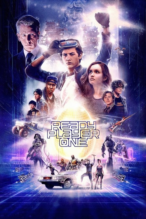 The poster features a vibrant, futuristic scene with characters in a high-tech environment. The cool blue and purple hues create a mysterious, sci-fi atmosphere. The title "Ready Player One" is prominently displayed in bold, metallic letters.