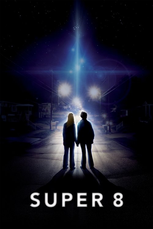 The poster features silhouettes of two figures standing in the foreground, facing a bright, ethereal light that pierces the darkness. The cool blue tones and starry background evoke a mysterious, otherworldly atmosphere, while the stark white text "SUPER 8" anchors the image at the bottom.