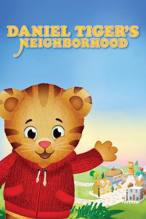 The vibrant poster features Daniel Tiger, the beloved orange tiger, in a cheerful red hoodie against a bright blue sky. He waves enthusiastically, embodying the neighborhood's lively spirit. The colorful background with green grass and pastel buildings adds warmth and playfulness, capturing the e...