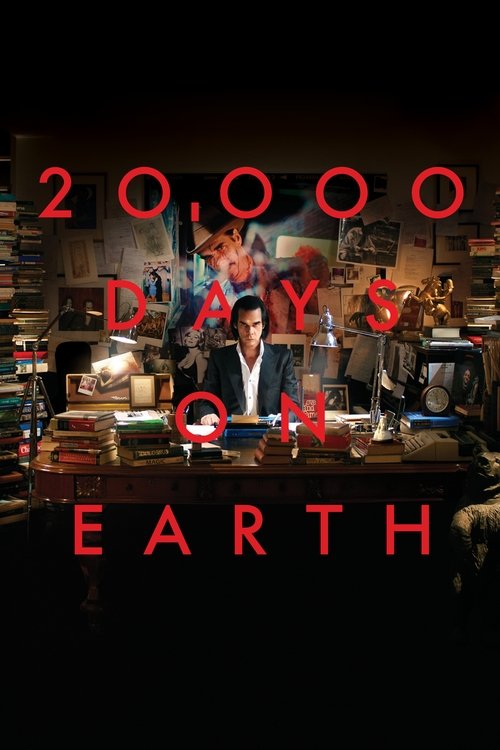 The poster features a man in a suit standing behind a cluttered desk, surrounded by books and papers, suggesting a detective or investigator. The title "20,000 Days on Earth" is prominently displayed in bold red letters, creating a stark contrast against the dark background. The overall mood is m...