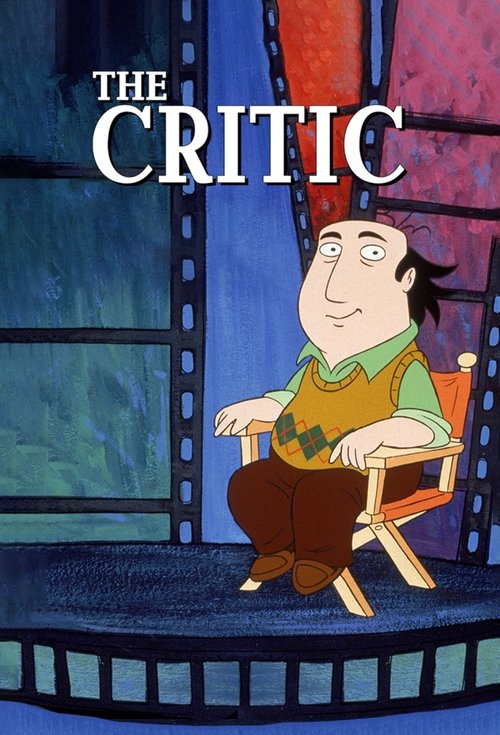 The poster features a man in a brown shirt and green vest sitting in a red chair, surrounded by vibrant red and blue curtains. The title "THE CRITIC" is prominently displayed in bold white letters. The overall mood is casual and relaxed, suggesting a candid interview or discussion.