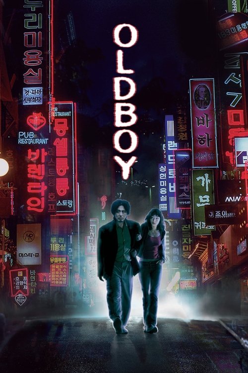 The poster features two figures walking through a neon-lit city at night, creating a mysterious and suspenseful mood. The warm glow of the neon signs contrasts with the cool blue tones, emphasizing the urban setting. The title "OLDBOY" stands out prominently in bold white letters, drawing attenti...