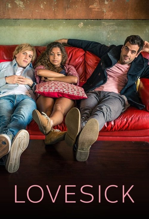 The poster features four people lounging on a red couch, exuding relaxed and casual vibes. The warm lighting and soft colors create a cozy, intimate atmosphere, suggesting a family-friendly show with humor and warmth.