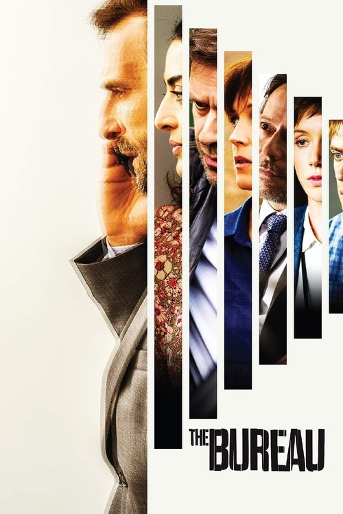 The poster features a man with a mustache in the foreground, framed by vertical strips of other characters' faces. The muted tones and serious expressions convey a tense, professional atmosphere. The title "THE BUREAU" is prominently displayed at the bottom, emphasizing the show's focus on corpor...