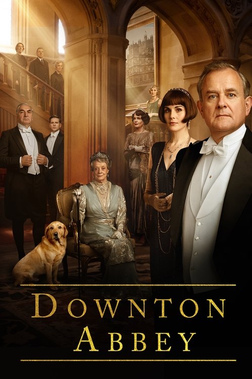 The poster features a dramatic scene in the Downton Abbey mansion, with actors portraying the main characters in formal attire. Warm golden lighting enhances the opulent atmosphere, while the rich burgundy and gold color scheme evokes a sense of wealth and history.