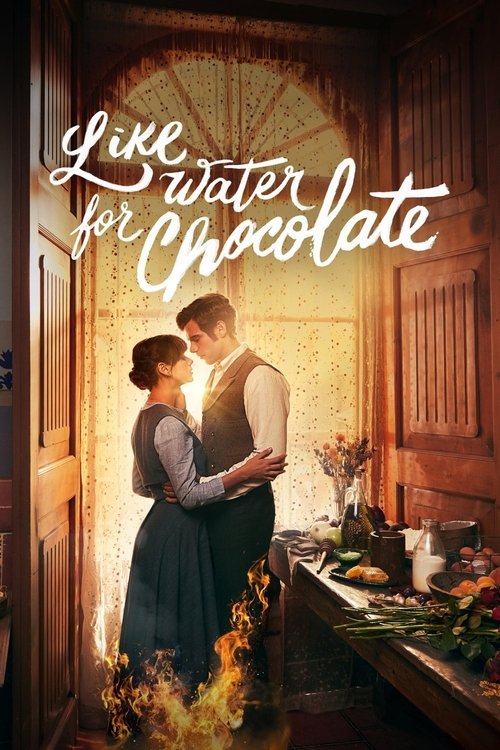 The poster features a romantic couple in period attire, embracing warmly against a backdrop of warm, golden light. Flames dance near their feet, adding an element of danger or passion. The scene is set in a rustic kitchen with wooden cabinets and fresh ingredients, creating a cozy yet intense atm...