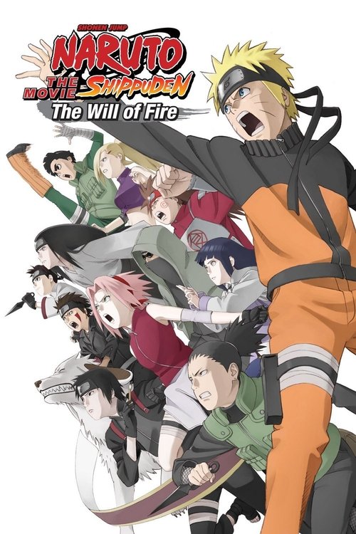 The vibrant poster features a dynamic scene with Naruto in his orange jumpsuit, surrounded by his fellow ninja allies in various outfits. The colors are vivid, with fiery oranges, greens, and purples creating an energetic atmosphere. The mood is one of excitement and adventure, capturing the spir...
