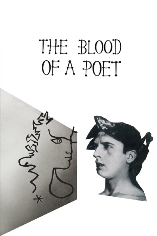 The poster features a striking black-and-white composition with a stylized, abstract portrait on the left and a realistic depiction of a woman with a butterfly on her head on the right. The title "The Blood of a Poet" is prominently displayed in bold, uppercase letters. The mood is mysterious and...