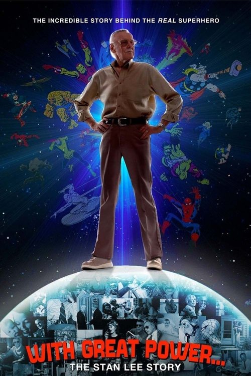 The poster features a central figure of Stan Lee standing atop a globe, surrounded by vibrant cosmic imagery and colorful planets. The scene exudes a sense of wonder and adventure, with deep blues and purples dominating the background, while the bright red title text stands out against the dark s...