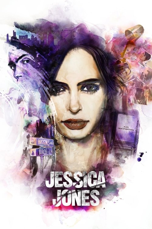 The poster features a striking close-up of Jessica Jones with dramatic makeup and bold eyes, surrounded by vibrant purple and pink watercolor splashes. The mood is intense and mysterious, capturing the essence of her iconic role as a vigilante. The bold text at the bottom emphasizes her name, whi...
