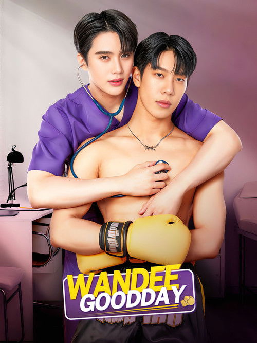 The poster features two muscular men in purple shirts, one with a yellow boxing glove on his arm, exuding confidence and strength. The warm lighting and bold colors create a bold, energetic atmosphere. The title "WANDEE GOODDAY" is prominently displayed at the bottom, emphasizing the show's title...