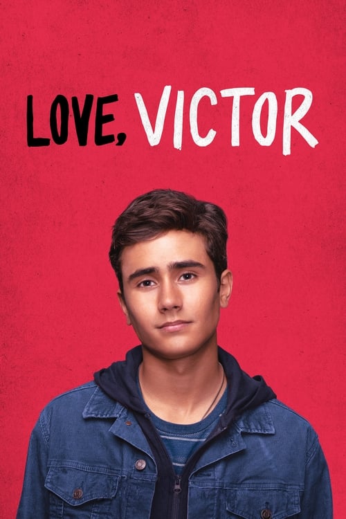The poster features a young man in a denim jacket against a vibrant red background, with the title "LOVE, VICTOR" prominently displayed in bold white letters. The mood is romantic and mysterious, suggesting a story about love and destiny.