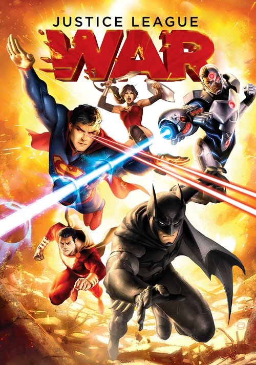 The poster features a dynamic lineup of Justice League characters in action poses against a fiery orange background. Superman, Batman, and others are depicted with energy beams and glowing lights, conveying a sense of urgency and heroism. The vibrant colors and dramatic composition suggest a thri...