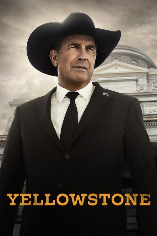 The poster features a rugged cowboy in a black suit and hat, exuding a sense of authority and mystery. The muted tones of the background, with its dark clouds and classical architecture, create a somber and dramatic atmosphere. The bold, golden text "YELLOWSTONE" anchors the image, emphasizing th...