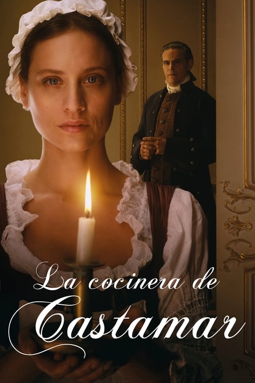 The poster features a woman in period attire holding a lit candle, with a man in formal clothing standing in the background. The warm, golden lighting creates an intimate and mysterious atmosphere. The title "La cocinera de Castamar" is elegantly displayed in cursive script.