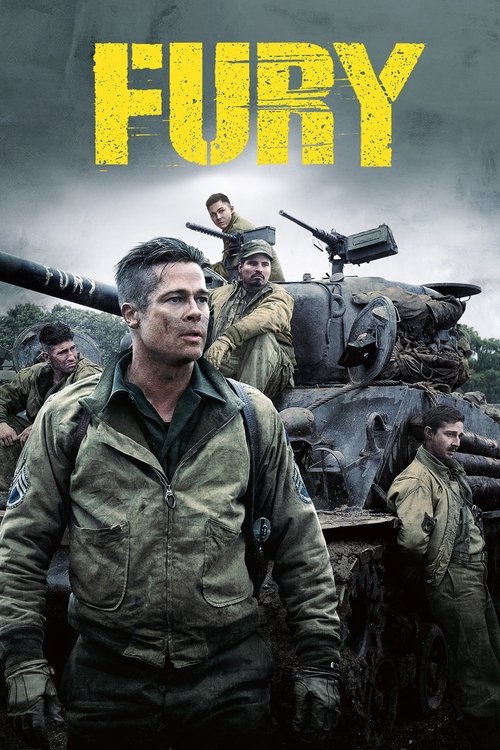 The poster features a gritty, war-torn scene with soldiers in muted olive uniforms amidst a desolate battlefield. The title "FURY" dominates the top in bold, distressed yellow letters, evoking a sense of urgency and danger. The mood is tense and somber, capturing the raw emotion of conflict and s...