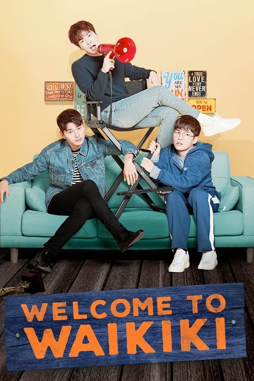 This vibrant poster features three young men relaxing on a teal couch, exuding a carefree and playful mood. The warm yellow background and cheerful blue sign with "WELCOME TO WAIKIKI" create a lively, inviting atmosphere that captures the essence of a fun, relaxed summer day.