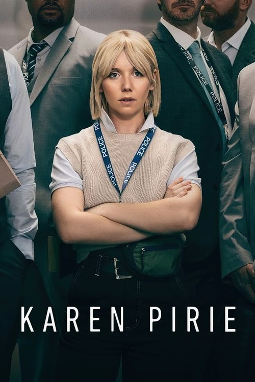 The poster features a woman with blonde hair and arms crossed, wearing a lanyard, standing in front of four men in suits. The muted tones and serious expression convey a dramatic, professional mood.