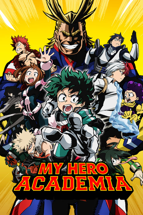 The poster features a dynamic group of My Hero Academia characters, including Deku in the foreground with his signature green hair and white outfit, surrounded by other heroes like Bakugo, Shoto, and others in colorful costumes. The vibrant yellow background with bold red text emphasizes the ener...