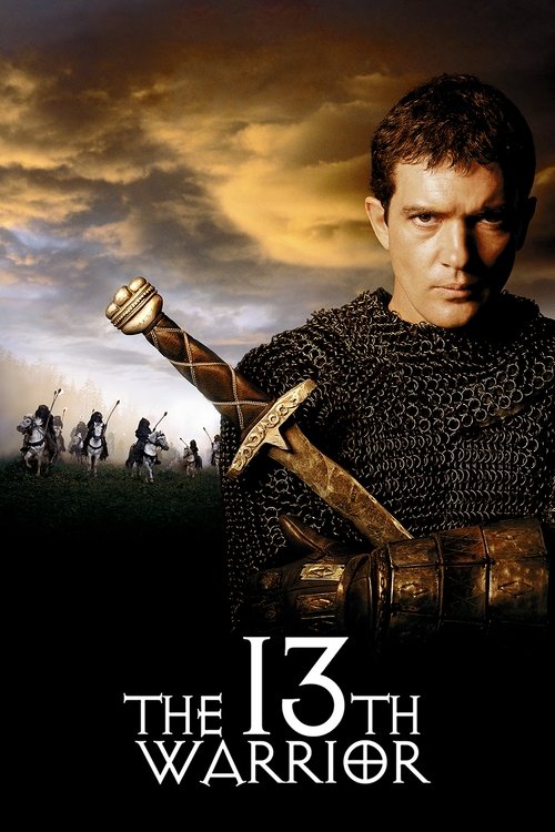 The 13th Warrior poster features a determined warrior in chainmail holding a sword against a dramatic sky with fiery clouds. Silhouetted figures of soldiers march in the background, evoking a sense of epic adventure and historical drama. The dark tones and intense expressions convey a mood of res...