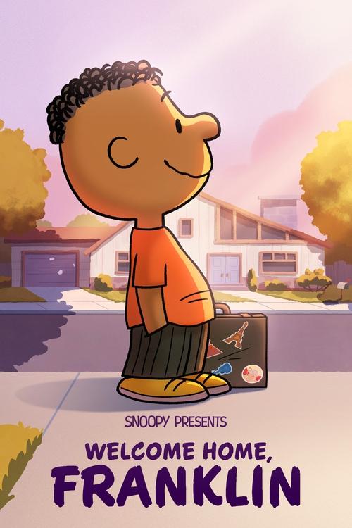 The poster features Snoopy, the beagle, standing proudly with his signature nose on a suburban street. He wears an orange shirt and green shorts, exuding confidence and joy. The warm sunset hues create a cozy, inviting atmosphere, while the playful font and cheerful expressions evoke a sense of n...