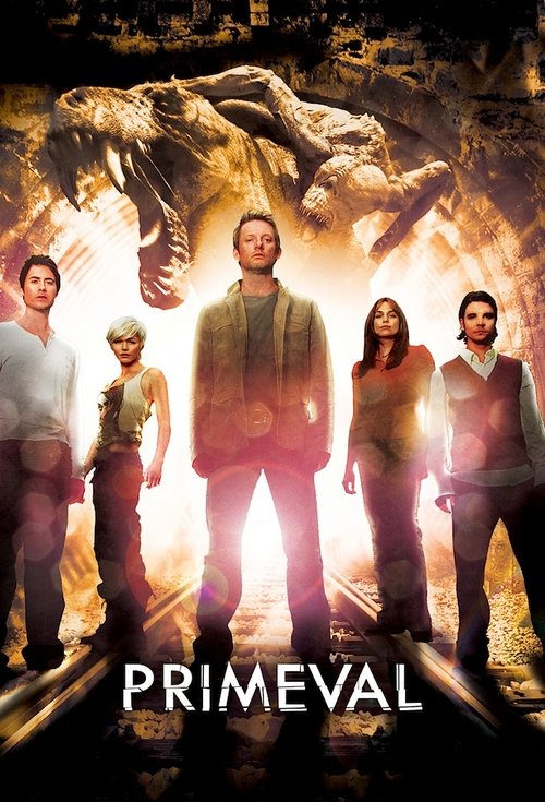 The poster features six characters standing in a dramatic, golden-lit scene with a massive, ancient creature looming in the background. Warm tones and intense lighting create an atmosphere of mystery and suspense, hinting at a thrilling supernatural adventure.