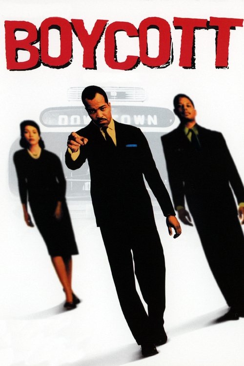 The poster features a bold red title against a stark white background, with three figures in formal attire—man in suit pointing forward, woman in black dress, and man in suit—creating a dramatic and intense atmosphere. The composition suggests a high-stakes narrative with a sense of urgency and t...