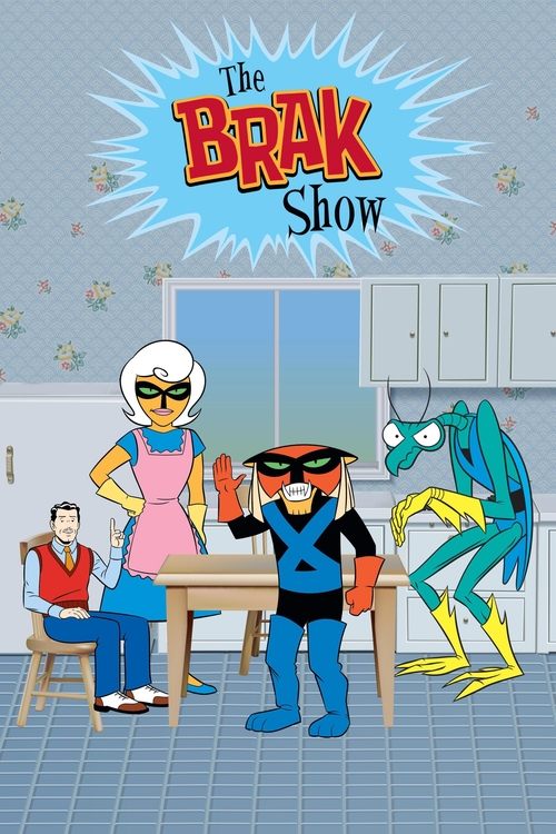 This vibrant poster features a group of animated characters in a kitchen setting, with a playful and humorous mood. The colorful characters, including a man in a red shirt, a woman in pink, a man in blue, and a green alien, create a lively and engaging scene. The bright colors and dynamic composi...
