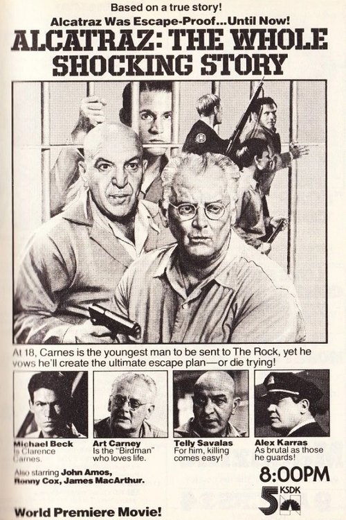 The poster features a dramatic collage of characters in various poses, with a central figure looking directly at the viewer. The color palette is muted, dominated by browns and grays, evoking a gritty, noir atmosphere. The title "Alcatraz: The Whole Shocking Story" is prominently displayed at the...