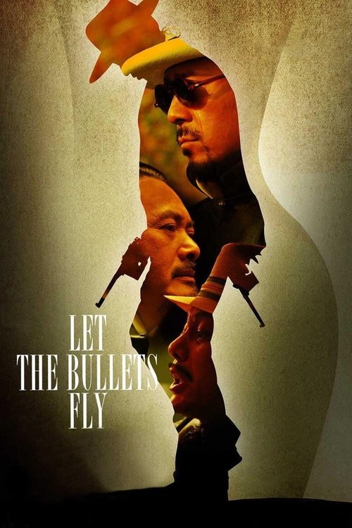The poster features a surreal composition of multiple faces stacked vertically, each wearing different hats and sunglasses, creating a dynamic and layered visual. The muted earth tones and shadowy background evoke a gritty, tense atmosphere, while the bold, white text "LET THE BULLETS FLY" anchor...