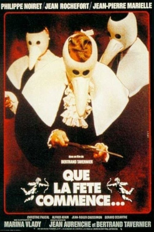 The poster features four ghostly figures in white and black, with one holding a broom. The title "Que la Fete Commence..." is prominently displayed in bold red letters against a dark background. The overall mood is eerie and festive, suggesting a Halloween-themed comedy.