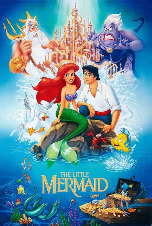 This vibrant poster features Ariel, Sebastian, and the prince surrounded by colorful characters like Ursula and the mermaid prince. The scene is set against a majestic castle backdrop, evoking a magical underwater adventure. The rich blues and greens of the sea contrast beautifully with the warm ...