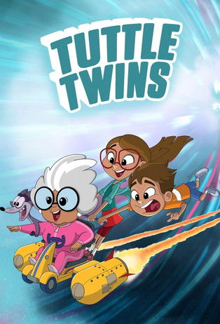 The poster features two animated characters riding yellow jet skis against a dynamic blue background. The characters exude energy and adventure, with one character in pink and the other in orange. The title "Tuttle Twins" is prominently displayed in bold, playful lettering, conveying a sense of f...
