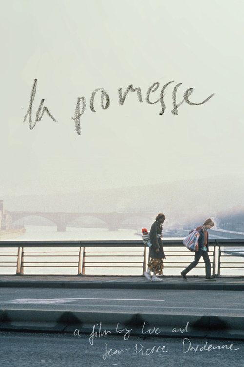 The poster features two figures walking along a pier, evoking a sense of longing and nostalgia. The muted colors and soft lighting create a melancholic atmosphere, while the handwritten text "la promesse" adds an emotional depth to the scene.