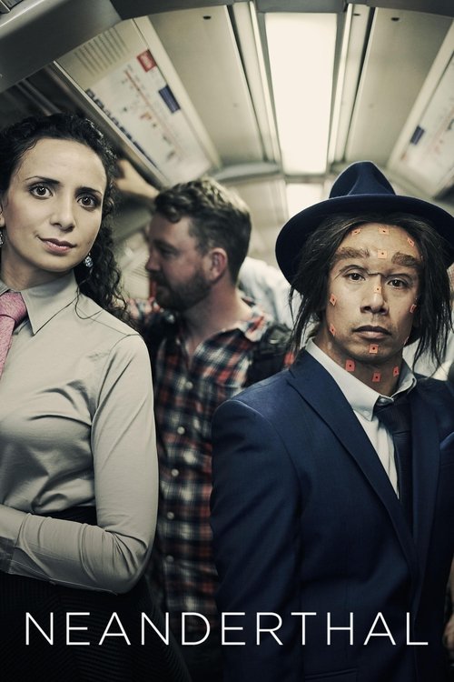 The poster features three individuals in a dimly lit subway car, with a mysterious and eerie atmosphere. The muted tones and shadows create a suspenseful mood, while the characters' expressions convey intrigue and tension. The title "Neanderthals - Meet Your Ancestors" is prominently displayed at...