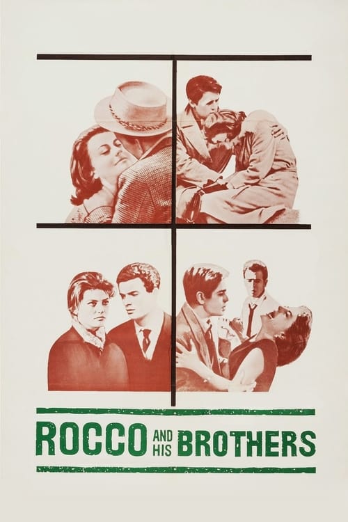 The poster features four sepia-toned scenes of men in vintage clothing, suggesting a classic film era. The muted red and brown tones evoke a nostalgic, timeless atmosphere. The title "Rocco and His Brothers" is prominently displayed in bold green text at the bottom, anchoring the composition.