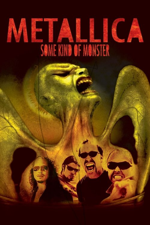 The poster features a menacing, demonic figure with wings and a sinister expression, surrounded by four individuals in dark, ominous poses. The color palette is dominated by dark tones with red accents, creating a suspenseful and eerie atmosphere. The title "METALLICA: SOME KIND OF MONSTER" is pr...